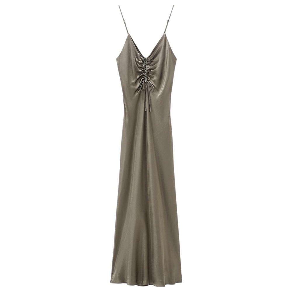 Zara Satin Ruched Slip Dress – Taupe Grey, Size S